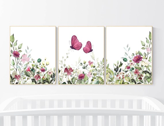 Burgundy flowers, floral nursery, butterfly nursery, flower nursery, butterfly, nursery prints girl, nursery wall decor girl, flower