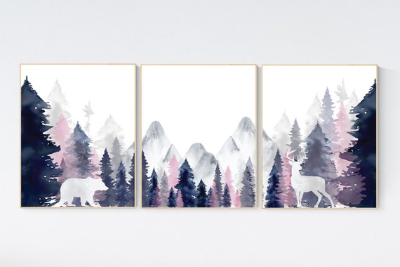 Nursery decor woodland, mountain wall art, tree nursery decor, adventure theme nursery, forest, navy, blush woodland animals, forest