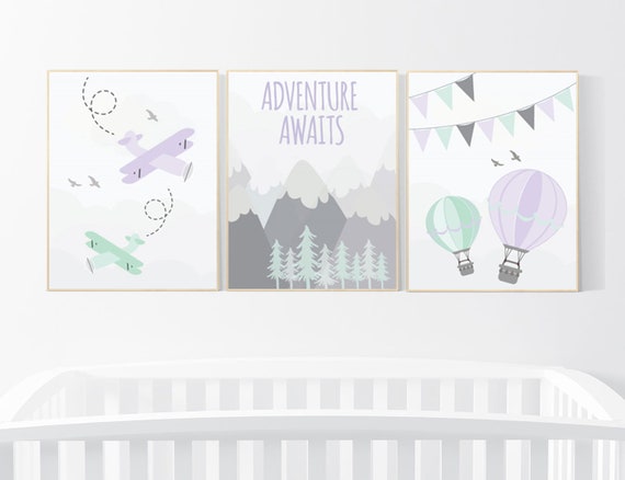 Nursery decor girl mountain, purple, adventure nursery, nursery decor travel theme, world map mountain nursery, purple mint grey, girl room