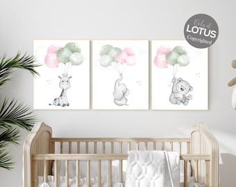 Pastel Animal Balloon Nursery Art Prints: Sage Green & Pink