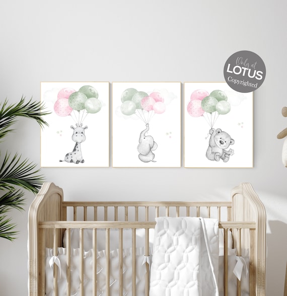 Nursery wall art animals, green nursery, green and pink, sage green, baby room decor, balloon nursery, animal prints