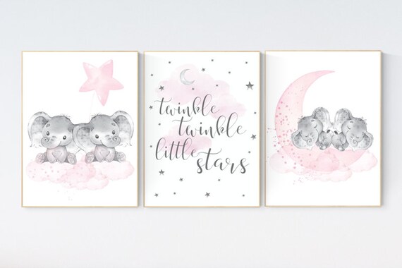 Elephant nursery art, twin nursery, elephant nursery print, pink and gray nursery, cloud and stars nursery, baby room decor girl