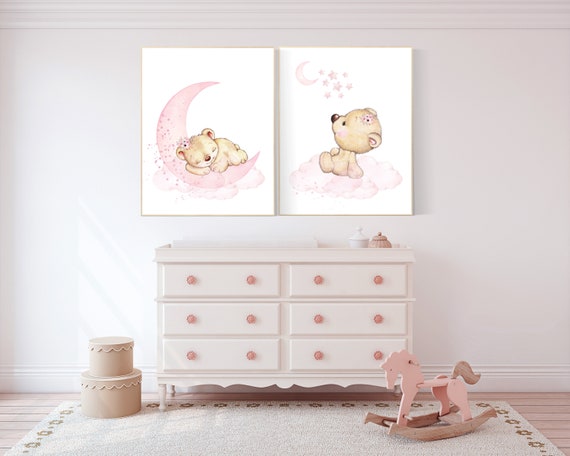 Pink girl room print, Nursery wall art bear, girl nursery decor animals, baby girl room, dream big little one teddy bear nursery art