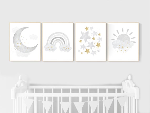 Nursery wall art grey, gray gold  nursery, rainbow nursery decor, baby room decor gender neutral, moon and stars, baby room wall art,