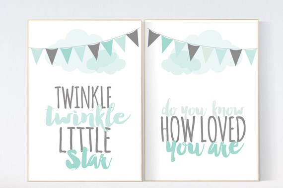 Twinkle Twinkle Little Star, Mint nursery decor, gender neutral baby, new baby gift, mint gray, playroom decor, mint nursery wall art