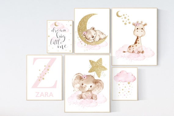 Nursery decor girl, Nursery decor elephant, baby room decor girl gold and pink, gold nursery art, cloud stars nursery, dream big little one