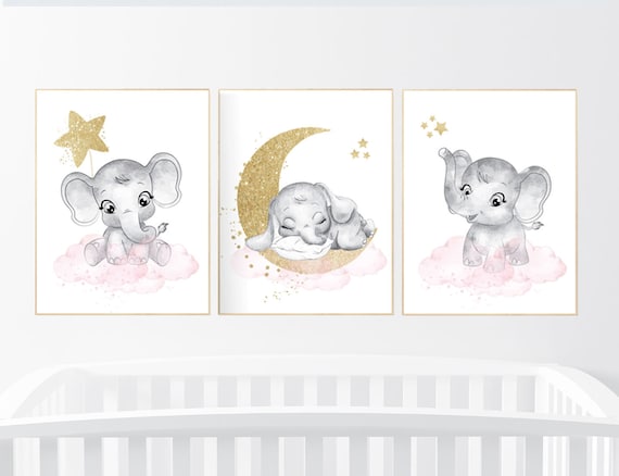 Nursery decor girl, pink gold nursery prints, girl nursery decor, pink elephant nursery prints, girl nursery ideas, nursery wall art girl