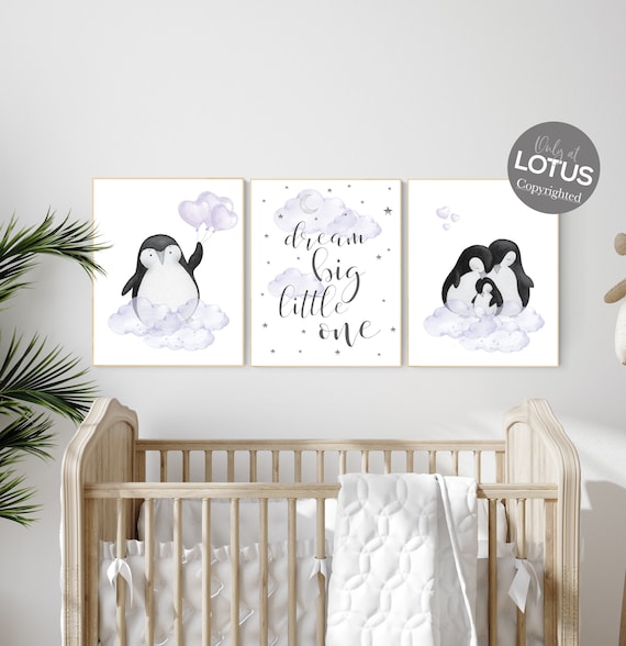 Penguin nursery, purple nursery art, baby room wall art, arctic themed nursery, arctic animals, lilac, lavender, nursery prints girl, art