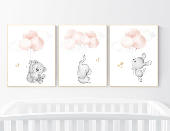 Nursery wall art girl, Blush pink nursery decor, blush gold nursery, nursery decor elephant, bear nursery, blush nursery, bunny nursery