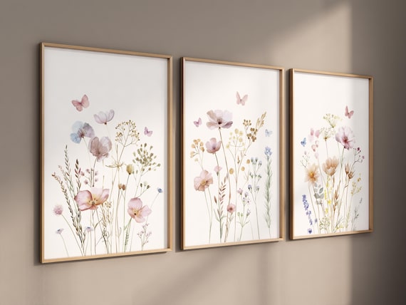 Wildflower Wall Art Set of 3 – Botanical Flower Prints in Soft Pastels – Neutral Floral Wall Decor for Bedroom, Nursery or Living Room