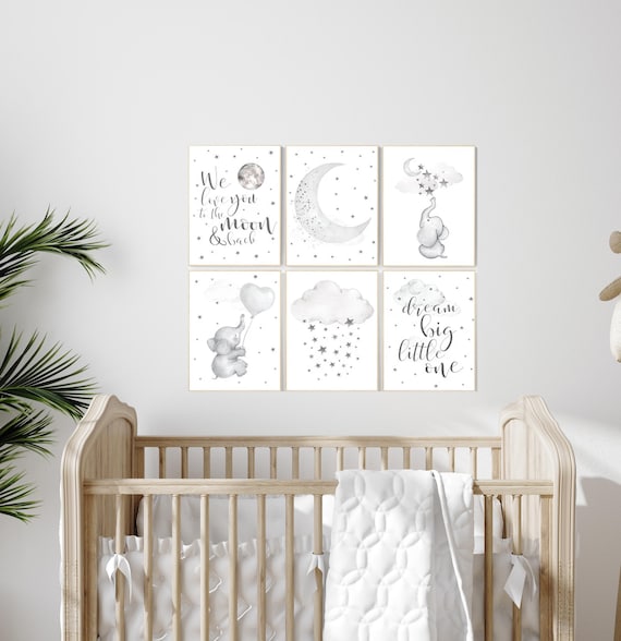 Nursery decor elephant, we love you to the moon and back, gray nursery, moon and stars, grey, neutral nursery, gender neutral, elephant