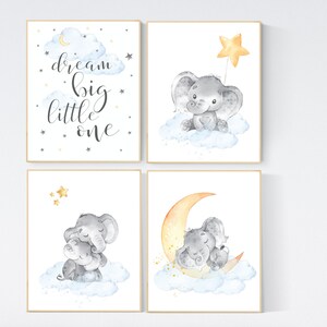 Nursery decor gender neutral, elephant prints, nursery wall decor, dream big little one, gender neutral, blue yellow, animal prints