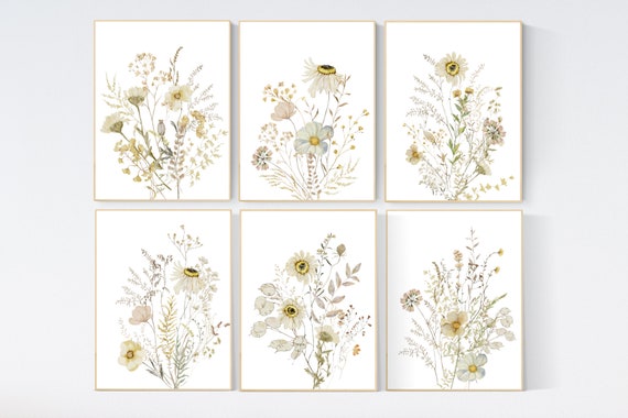 Boho Nursery wall art, Wildflower Nursery Decor, Floral Nursery, neutral colors, vintage flower, Botanical Print, home decor, cream decor