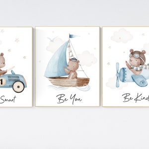 Nursery decor bear, gender neutral nursery, travel nursery, plane nursery, car nursery, bear nursery print, teddy bear decor, blue nursery