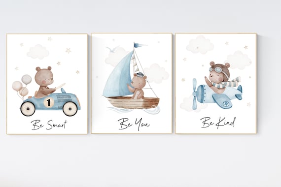 Nursery decor bear, gender neutral nursery, travel nursery, plane nursery, car nursery, bear nursery print, teddy bear decor, blue nursery