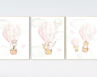 Blush Hot Air Balloon Nursery Art: Woodland Animals Print