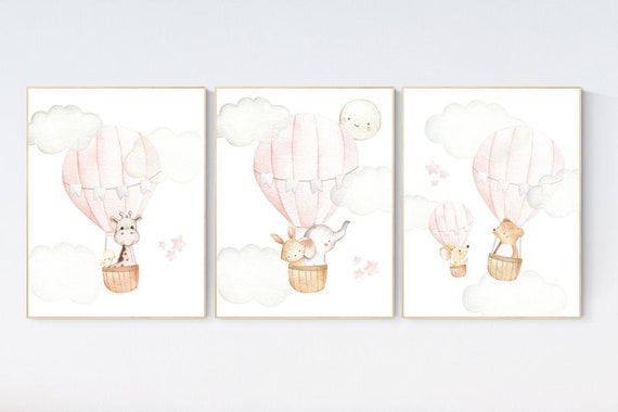 Blush Hot Air Balloon Nursery Art: Woodland Animals Print