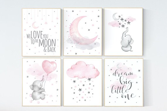 Girl nursery decor, pink gray, nursery decor girl elephant, Nursery decor elephant, girl room wall art, baby nursery wall art, moon, stars