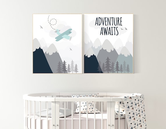 Adventure Awaits, nursery decor boy adventure, nursery decor mountain, baby room, plane nursery, boy nursery wall art, adventure nursery
