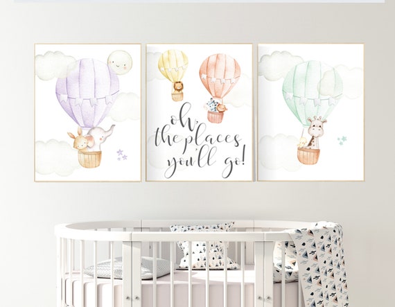 Nursery decor animals, hot air balloon, elephant giraffe, bear, gender neutral, nursery decor twins, animal nursery, neutral, unisex