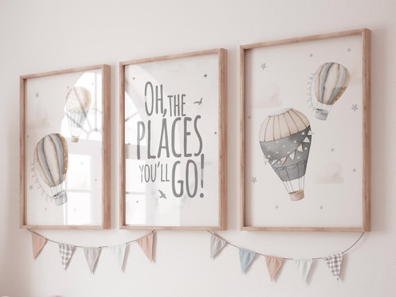 Hot Air Balloon Nursery Wall Art Set of 3, Oh The Places You'll Go