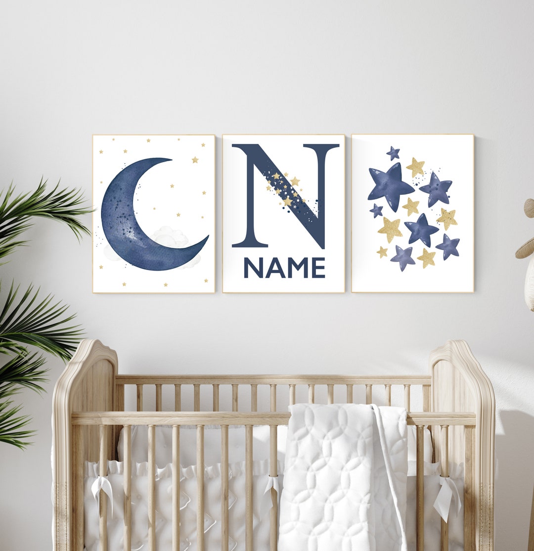 Navy Nursery Decor, Cloud and Stars, Moon and Stars, Navy Gold Nursery