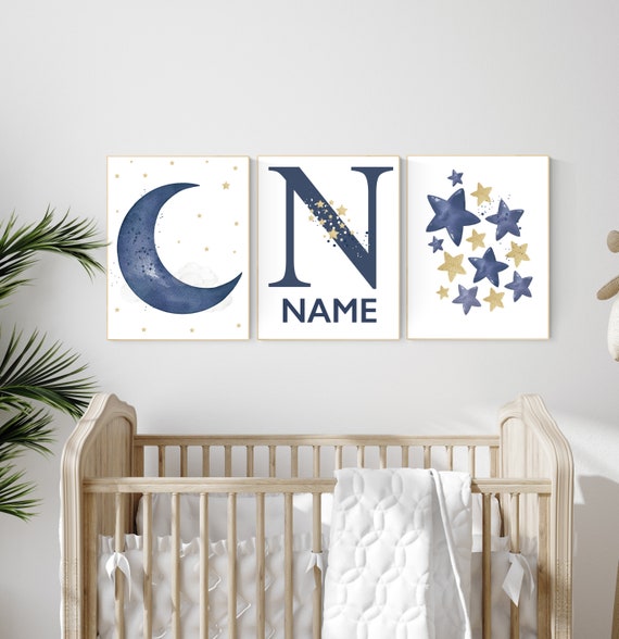 Navy nursery decor, cloud and stars, moon and stars, navy gold nursery art. baby room wall art, boy nursery decor, set of 3, nursery art