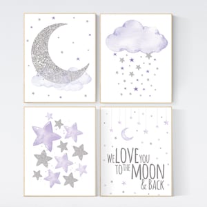 Nursery decor girl, purple nursery, Purple silver, lilac silver, baby room decor girl, lavender, cloud and stars, baby room, girl room ideas