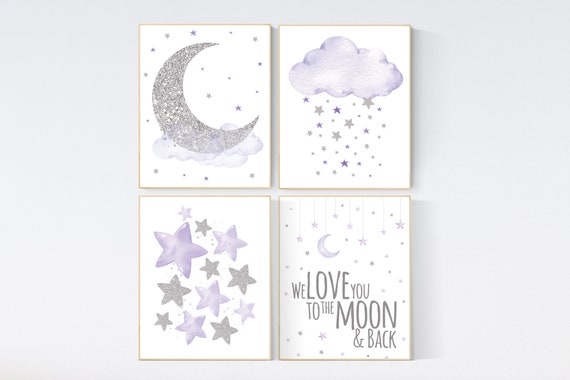 Nursery decor girl, purple nursery, Purple silver, lilac silver, baby room decor girl, lavender, cloud and stars, baby room, girl room ideas