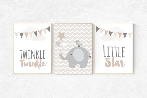 Twinkle twinkle little star, gender neutral nursery, beige and cream, elephant Nursery, Nursery Decor, Gray Beige gender neutral baby shower