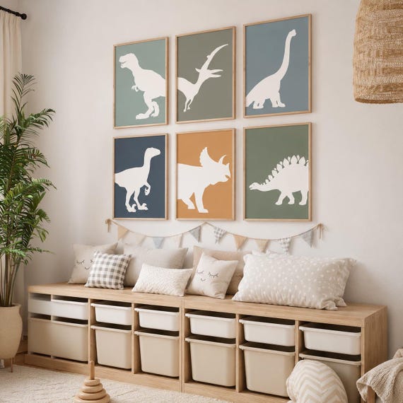 Dinosaur Nursery Wall Art Set of 6, Boys Dino Room Decor