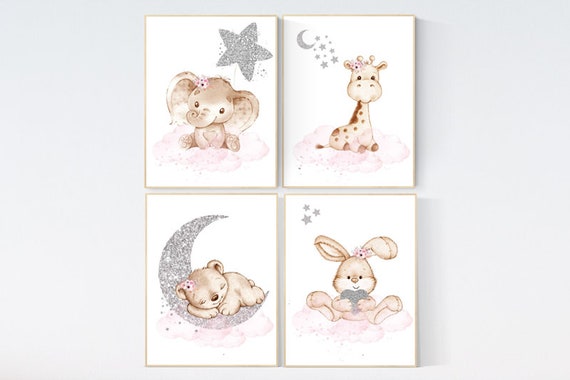 Woodland animals, Nursery decor girl elephant, animal nursery, bunny nursery art, pink silver, bear nursery, giraffe baby room wall art