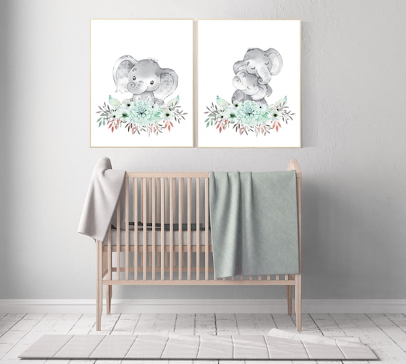 Boho Nursery Decor, Mint and Coral, Elephant Nursery Wall Art