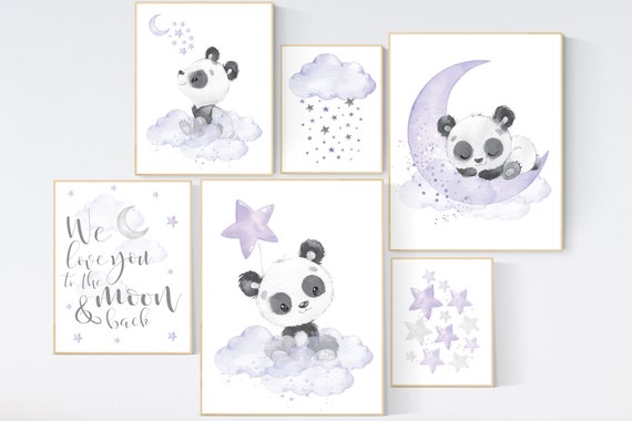 Nursery decor girl, panda nursery, purple and gray nursery wall art, panda nursery print, nursery decor animal, lilac, lavender, purple