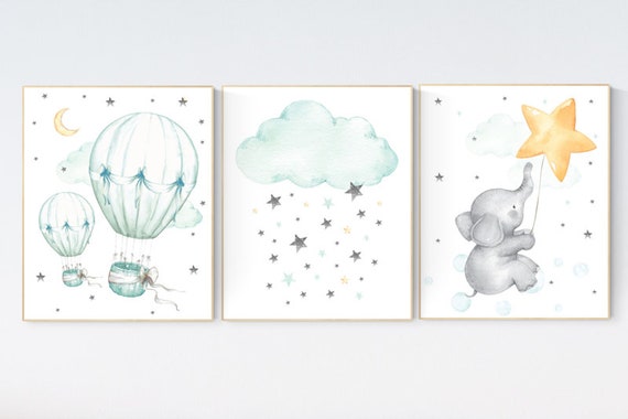 Mint and yellow nursery, nursery decor elephant, cloud and star, teal and yellow, nursery decor boy teal, gender neutral nursery, elephant