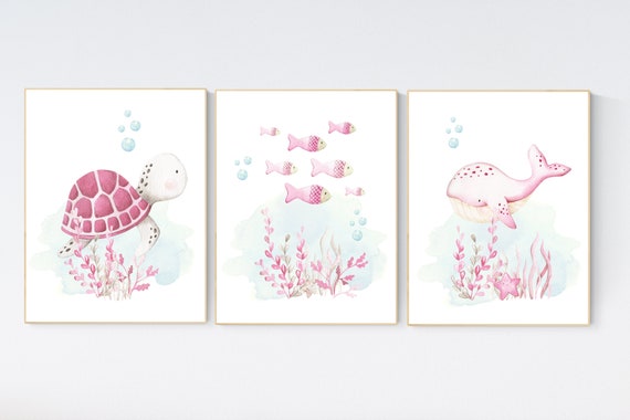 Ocean nursery decor, girl nursery, Nautical nursery print set, under the sea nursery, Under the sea wall art, pink nursery, girls room decor