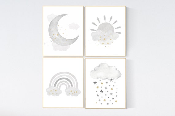 Nursery wall art grey, gray gold  nursery, rainbow nursery decor, baby room decor gender neutral, moon and stars, baby room wall art,