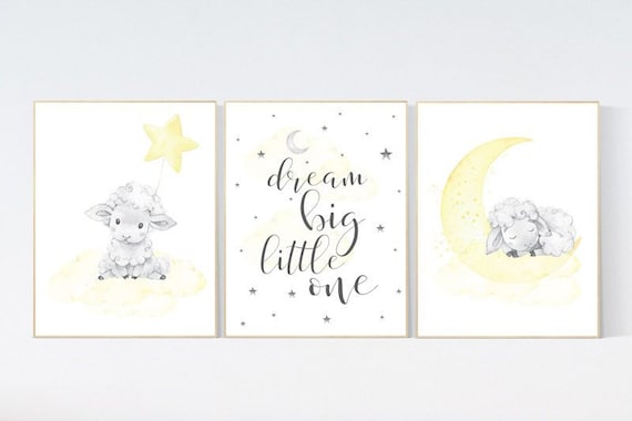 Sheep nursery decor, yellow nursery decor, nursery decor lambs, nursery wall art sheep, moon and cloud wall art nursery gender neutral