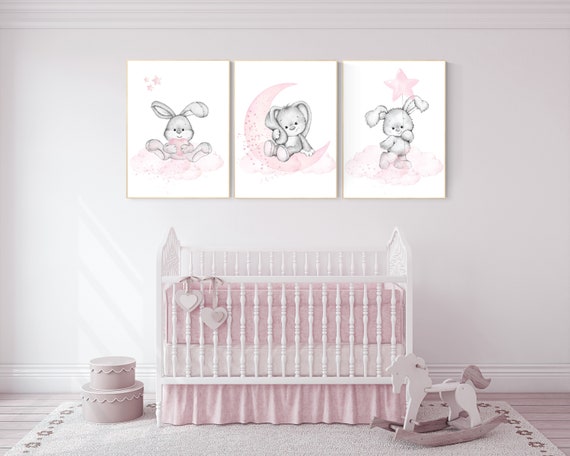 Nursery decor girl bunny, bunny print set, pink and gray nursery, rabbit nursery decor, girl nursery, bunny art, Bunny print nursery