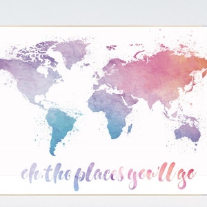 Oh the places you&#39;ll go, World Map poster, world map wall art, nursery wall art, toddler room, neutral gender kid room decor playrooom decor
