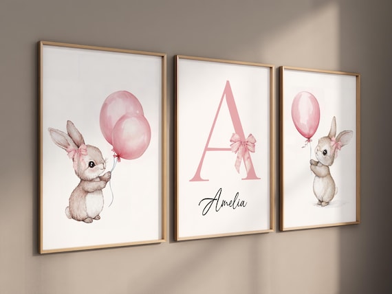 Personalized bunny nursery art, pink baby name print, custom baby girl wall art, watercolor rabbit decor, pastel balloon nursery print