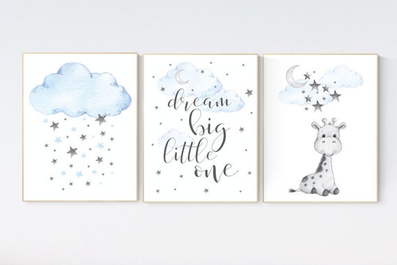 Giraffe print nursery, nursery decor boy, blue nursery art, giraffe nursery decor, dream big little one, cloud and star nursery, boy room