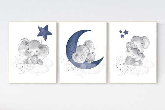 Navy nursery decor, moon and stars, navy blue nursery art. baby room wall art, boy nursery decor, set of 3, nursery prints boy, elephant art