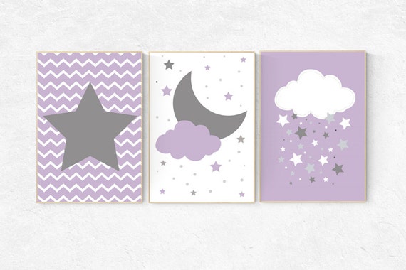 Nursery decor girl purple, Purple Grey Nursery, baby girl nursery, purple gray, cloud, girls room decor, moon and stars, lilac, lavender