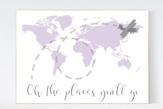 Nursery decor map, Lilac nursery decor, Oh the places you'll go, travel nursery decor, world map nursery, purple nursery decor, baby girl