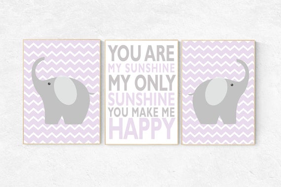 lavender nursery decor, lilac, purple, You are my sunshine my only sunshine, Baby girl nursery decor, lilac nursery decor, elephant nursery