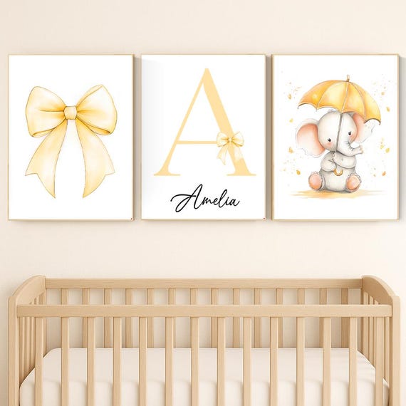 Personalized Yellow Nursery Wall Art – Elephant with Umbrella, Yellow Bow, and Name Initial Print – Baby Girl or Boy Room Decor