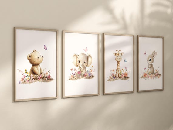 Woodland Safari Baby Decor, Boho Floral Girl Nursery Wall Art Set of 4 | Bear, Elephant, Giraffe, Bunny Prints with Butterflies