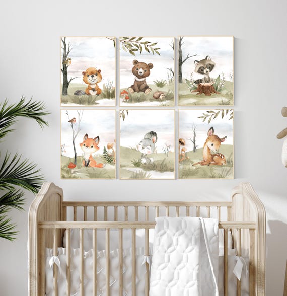 Woodland nursery decor, animals prints, woodland themed nursery, nursery wall art, nursery prints gender neutral, woodland animal prints