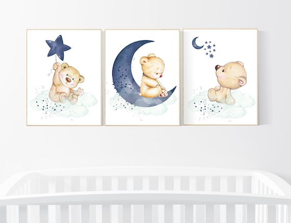 Nursery decor bear, animal nursery prints, navy mint nursery, navy blue nursery, baby room wall art, woodland animal prints, teddy bear